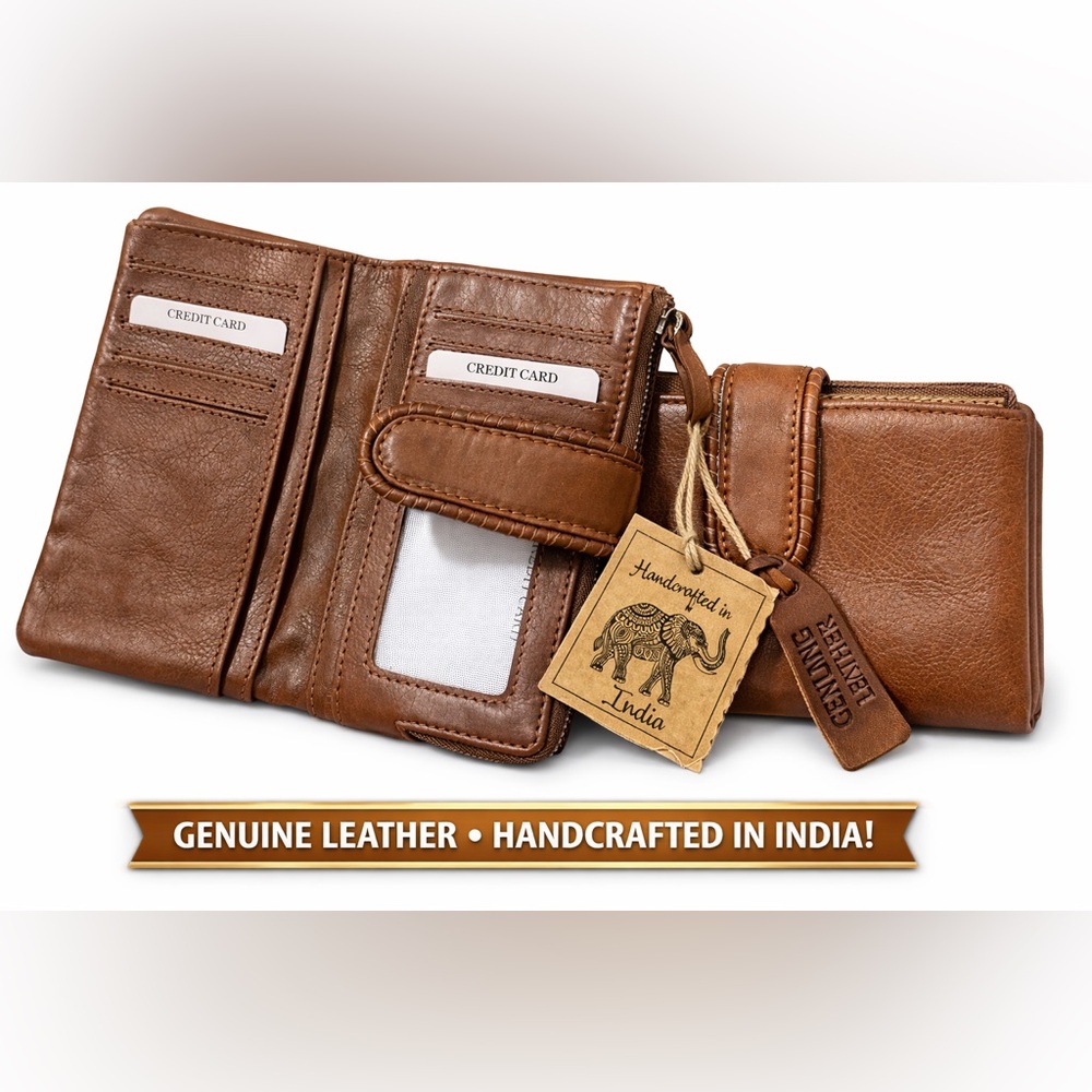 Genuine Leather Wallet Handcrafted in India- Card Holder - coin zip - Brown- NWT